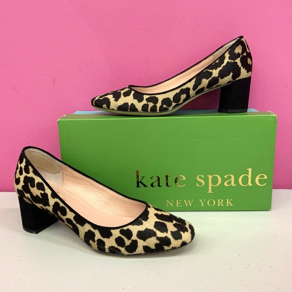 $295 KATE SPADE Serene Calf Hair Animal Print Suede Block Heel Pumps Ladies 7